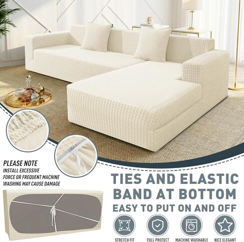 ZNSAYOTX Stretch Sectional Couch Covers New-Houndstooth Texture, Thick Slipcovers with Elastic Bottom for L Shape Sectional Sofa, 2 Pcs Pet Friendly Universal Protector (Sofa or Chaise), Beige in Saudi Arabia