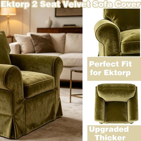 Velvet Pets Friendly Sofa Covers Custom Made Compatible for IKEA Ektorp Sofa Slipcovers, Machine Washable(Velvet Olive Green Ektorp Chair) in Kuwait