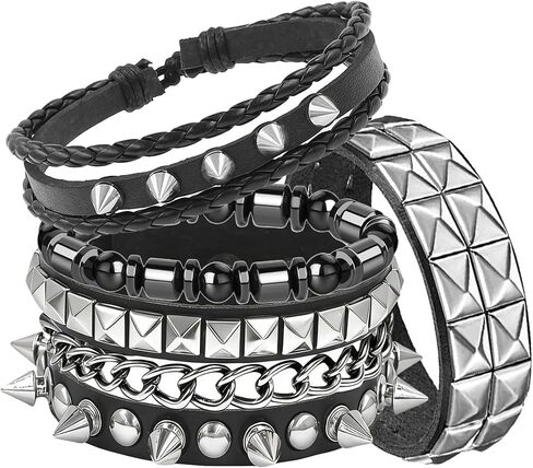 4Pcs Gothic Black Leather Bracelets Set, Pyramid Studded Wristbands Bangle Wrist Cuffs Punk Rock Jewelry for Men Women Concert Cosplay Streetwear in Saudi Arabia
