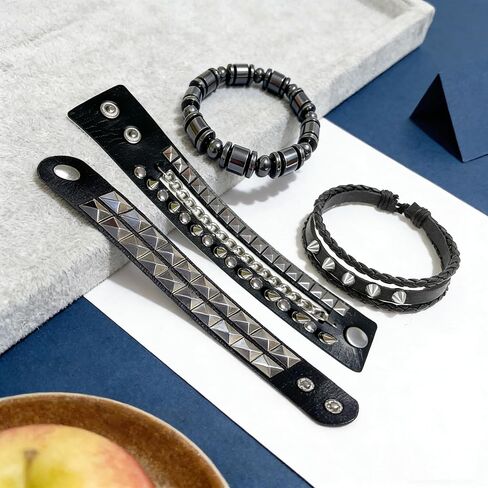4Pcs Gothic Black Leather Bracelets Set, Pyramid Studded Wristbands Bangle Wrist Cuffs Punk Rock Jewelry for Men Women Concert Cosplay Streetwear in Saudi Arabia