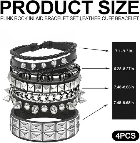 4Pcs Gothic Black Leather Bracelets Set, Pyramid Studded Wristbands Bangle Wrist Cuffs Punk Rock Jewelry for Men Women Concert Cosplay Streetwear in Saudi Arabia