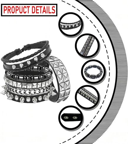 4Pcs Gothic Black Leather Bracelets Set, Pyramid Studded Wristbands Bangle Wrist Cuffs Punk Rock Jewelry for Men Women Concert Cosplay Streetwear in Saudi Arabia