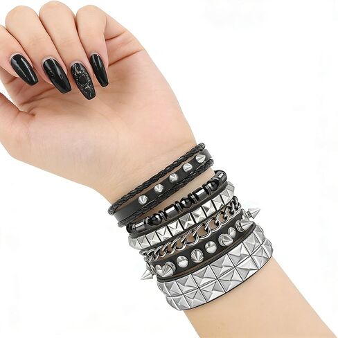 4Pcs Gothic Black Leather Bracelets Set, Pyramid Studded Wristbands Bangle Wrist Cuffs Punk Rock Jewelry for Men Women Concert Cosplay Streetwear in Saudi Arabia
