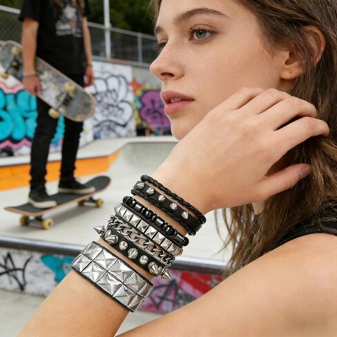 4Pcs Gothic Black Leather Bracelets Set, Pyramid Studded Wristbands Bangle Wrist Cuffs Punk Rock Jewelry for Men Women Concert Cosplay Streetwear in Saudi Arabia