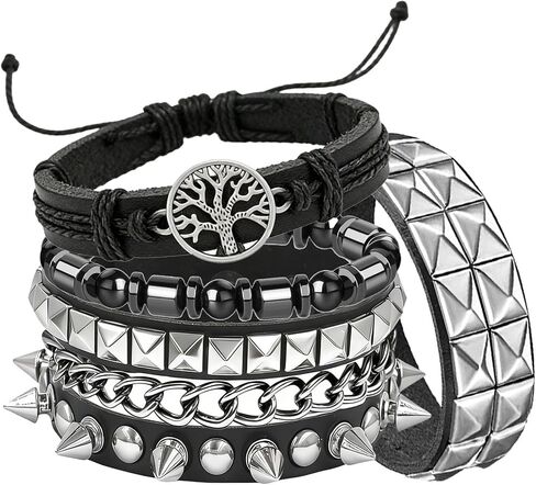 4Pcs Gothic Black Leather Bracelets Set, Pyramid Studded Wristbands Bangle Wrist Cuffs Punk Rock Jewelry for Men Women Concert Cosplay Streetwear in Saudi Arabia