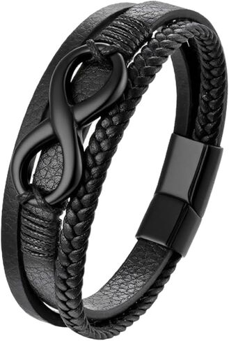 Infinity Bracelet for men，Black Men Leather Bracelet Double Layered with Braided Rope and stainless steel Black/Gold Infinity Clasp in Saudi Arabia