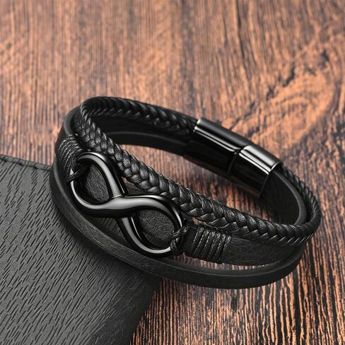 Infinity Bracelet for men，Black Men Leather Bracelet Double Layered with Braided Rope and stainless steel Black/Gold Infinity Clasp in Kuwait