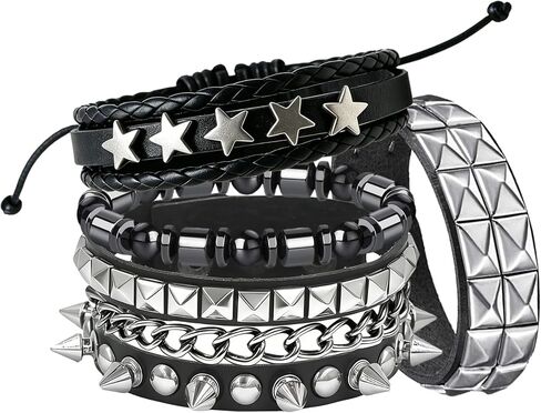 4Pcs Gothic Black Leather Bracelets Set, Pyramid Studded Wristbands Bangle Wrist Cuffs Punk Rock Jewelry for Men Women Concert Cosplay Streetwear in Saudi Arabia