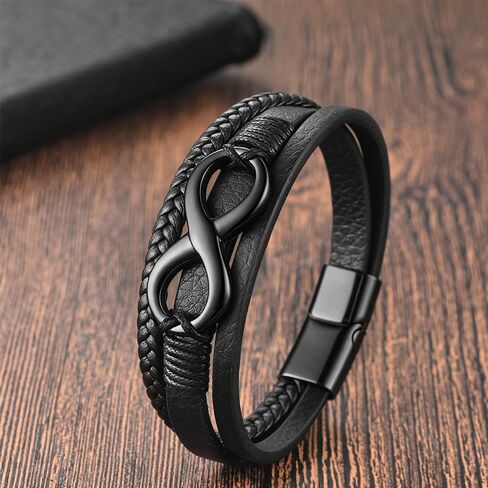 Infinity Bracelet for men，Black Men Leather Bracelet Double Layered with Braided Rope and stainless steel Black/Gold Infinity Clasp in Kuwait