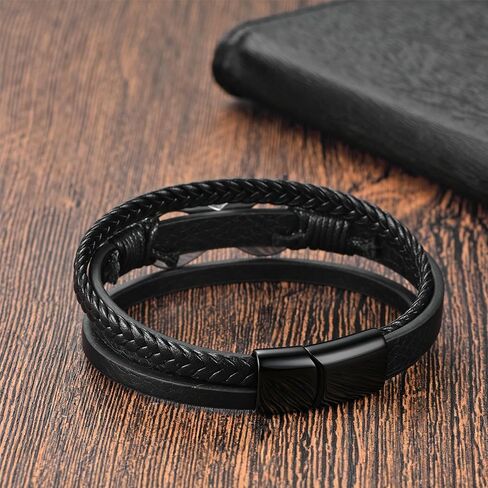 Infinity Bracelet for men，Black Men Leather Bracelet Double Layered with Braided Rope and stainless steel Black/Gold Infinity Clasp in Kuwait