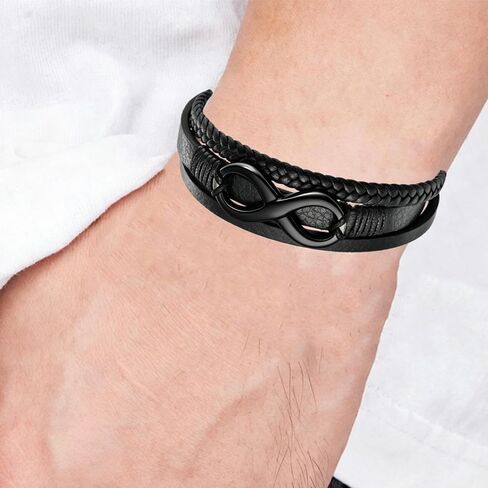 Infinity Bracelet for men，Black Men Leather Bracelet Double Layered with Braided Rope and stainless steel Black/Gold Infinity Clasp in Kuwait
