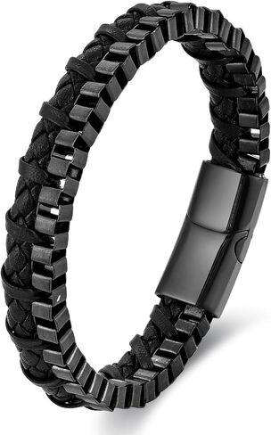 Genuine Black Leather Cross Bracelet for Men - Best Gift for Husband Boyfriend, Men's Braided Leather Cord Bracelets, Fathers Day Happy Birthday Presents for Him Dad Son Grandpa, Fits Wrists 7.8"-8.3" in Saudi Arabia