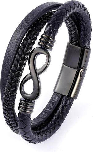 Infinity Bracelet for men，Black Men Leather Bracelet Double Layered with Braided Rope and stainless steel Black/Gold Infinity Clasp in Kuwait