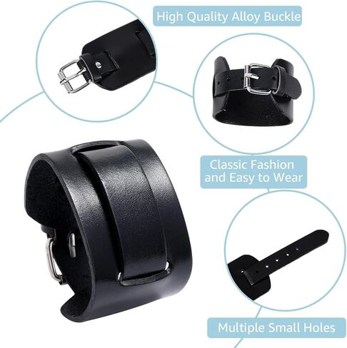 Black Punk Genuine Leather Cuff Bracelet Adjustable Cowhide Wrap Wristband with Alloy Clasp Wide Handmad Gothic Leather Bangle Arm Armor for Men Women Halloween Costume Party in Kuwait