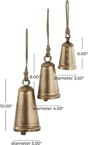 Deco 79 Metal Indoor Outdoor Decorative Cow Bells Tibetan Inspired Meditation Bell with Jute Hanging Rope, Set of 3 Cow Bell 10", 8", 6"H, Bronze in Kuwait