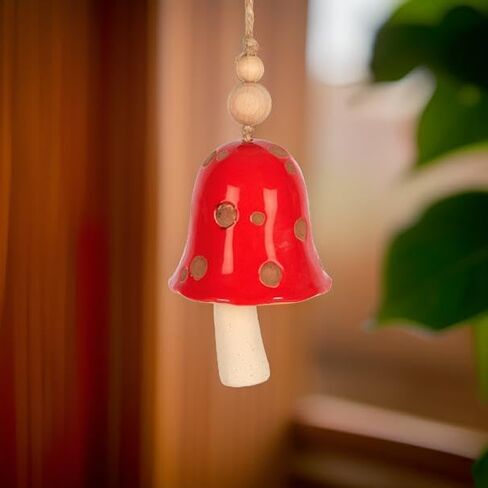 Carson 14"" Red Toadstool Ceramic Bell - Stoneware Decorative Bell for Mushroom Home Decor - Toadstool Home Decor, Red, Brown in Kuwait