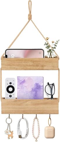 Mkono Macrame Hanging Shelf for Bedside Shelf Organizer with Hooks, Boho Wall Decor Cute Vintage Wood Floating Shelves for Girls Bedroom Dorm Nursery, Wall Storage for Phone, Remote, Accessories in Kuwait