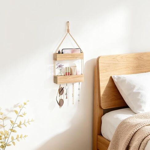 Mkono Macrame Hanging Shelf for Bedside Shelf Organizer with Hooks, Boho Wall Decor Cute Vintage Wood Floating Shelves for Girls Bedroom Dorm Nursery, Wall Storage for Phone, Remote, Accessories in Kuwait