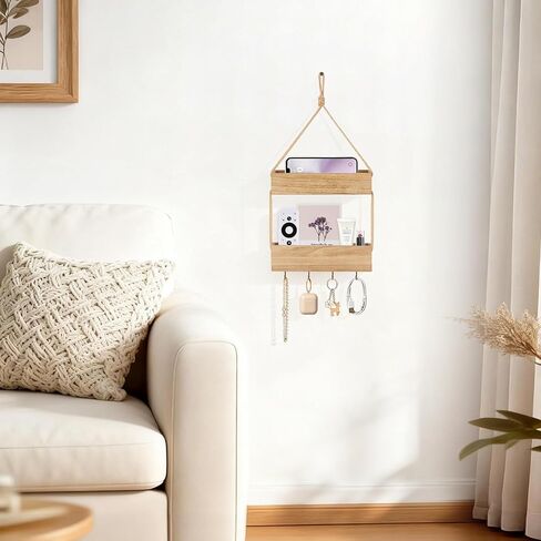 Mkono Macrame Hanging Shelf for Bedside Shelf Organizer with Hooks, Boho Wall Decor Cute Vintage Wood Floating Shelves for Girls Bedroom Dorm Nursery, Wall Storage for Phone, Remote, Accessories in Kuwait