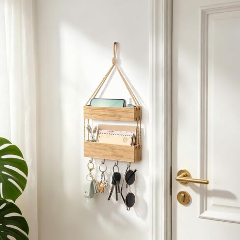 Mkono Macrame Hanging Shelf for Bedside Shelf Organizer with Hooks, Boho Wall Decor Cute Vintage Wood Floating Shelves for Girls Bedroom Dorm Nursery, Wall Storage for Phone, Remote, Accessories in Kuwait