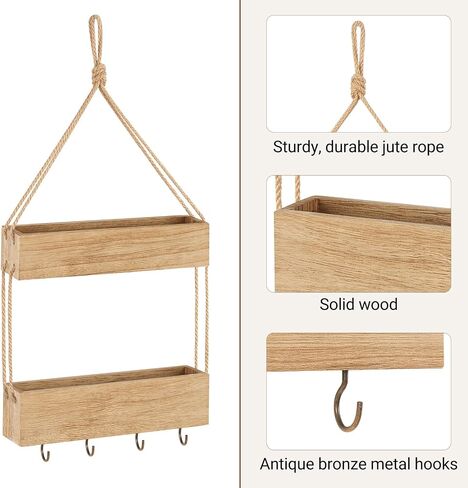 Mkono Macrame Hanging Shelf for Bedside Shelf Organizer with Hooks, Boho Wall Decor Cute Vintage Wood Floating Shelves for Girls Bedroom Dorm Nursery, Wall Storage for Phone, Remote, Accessories in Kuwait