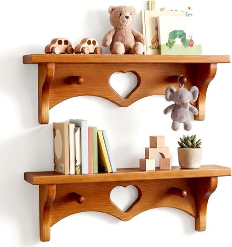Novabright 2 Pcs Wooden Heart Shelves 16" Vintage Floating Shelf with Hooks Pine Wood Coat Rack Wall Mounted Hanging Shelf for Living Room Bedroom Bathroom Home Decor(Peach Wood Color) in Saudi Arabia
