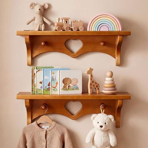 Novabright 2 Pcs Wooden Heart Shelves 16" Vintage Floating Shelf with Hooks Pine Wood Coat Rack Wall Mounted Hanging Shelf for Living Room Bedroom Bathroom Home Decor(Peach Wood Color) in Saudi Arabia