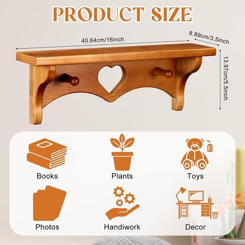 Novabright 2 Pcs Wooden Heart Shelves 16" Vintage Floating Shelf with Hooks Pine Wood Coat Rack Wall Mounted Hanging Shelf for Living Room Bedroom Bathroom Home Decor(Peach Wood Color) in Saudi Arabia
