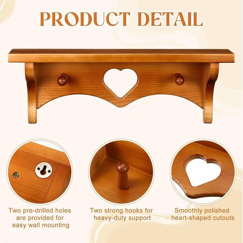 Novabright 2 Pcs Wooden Heart Shelves 16" Vintage Floating Shelf with Hooks Pine Wood Coat Rack Wall Mounted Hanging Shelf for Living Room Bedroom Bathroom Home Decor(Peach Wood Color) in Saudi Arabia