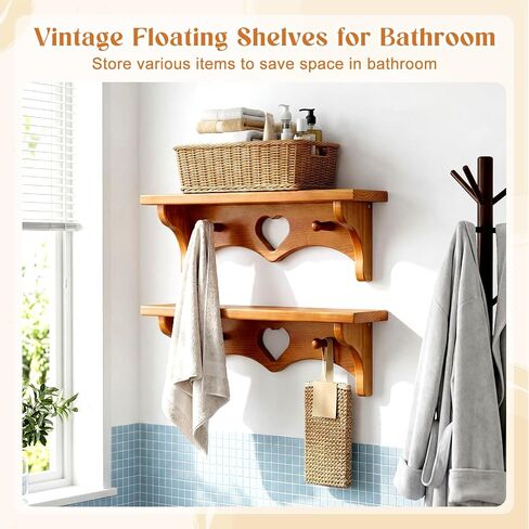 Novabright 2 Pcs Wooden Heart Shelves 16" Vintage Floating Shelf with Hooks Pine Wood Coat Rack Wall Mounted Hanging Shelf for Living Room Bedroom Bathroom Home Decor(Peach Wood Color) in Saudi Arabia