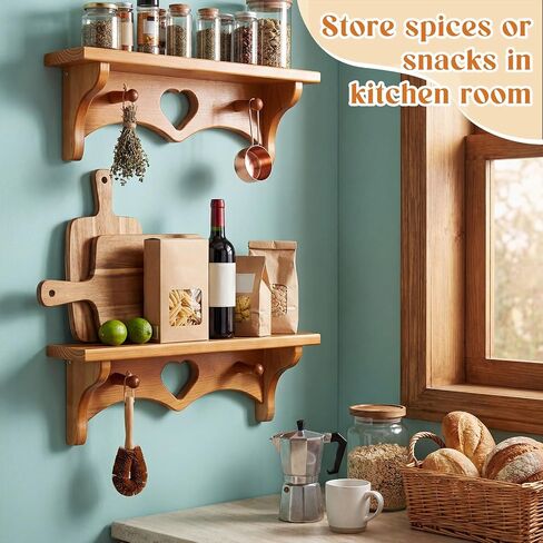 Novabright 2 Pcs Wooden Heart Shelves 16" Vintage Floating Shelf with Hooks Pine Wood Coat Rack Wall Mounted Hanging Shelf for Living Room Bedroom Bathroom Home Decor(Peach Wood Color) in Saudi Arabia