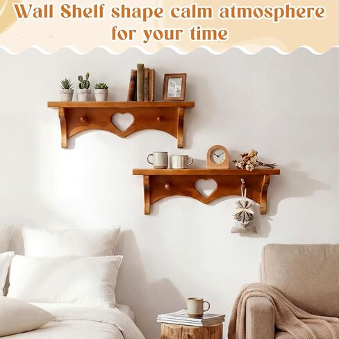 Novabright 2 Pcs Wooden Heart Shelves 16" Vintage Floating Shelf with Hooks Pine Wood Coat Rack Wall Mounted Hanging Shelf for Living Room Bedroom Bathroom Home Decor(Peach Wood Color) in Saudi Arabia