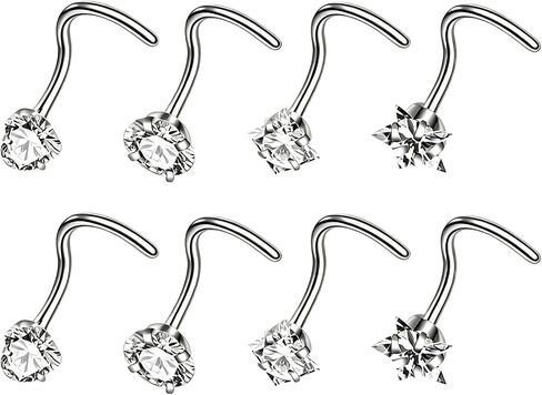 8pcs Silver Nose Rings Studs,Hypoallergenic Nose Studs for Women,Cubic Zirconia L Shape Star Nose Ring,3mm Stainless Steel Noses Piercing Suitable for Daily Wear for Women and Men in Saudi Arabia