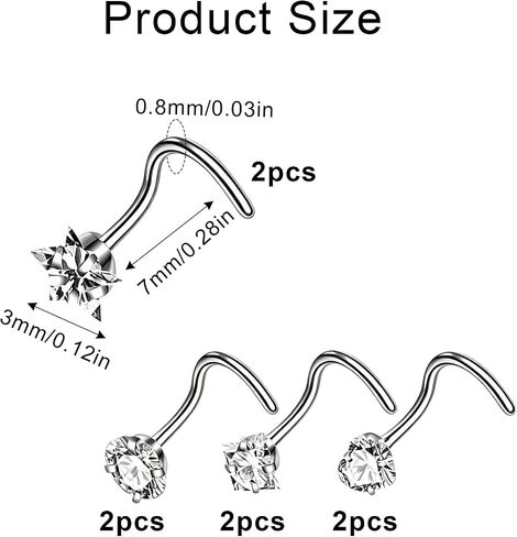 8pcs Silver Nose Rings Studs,Hypoallergenic Nose Studs for Women,Cubic Zirconia L Shape Star Nose Ring,3mm Stainless Steel Noses Piercing Suitable for Daily Wear for Women and Men in Saudi Arabia