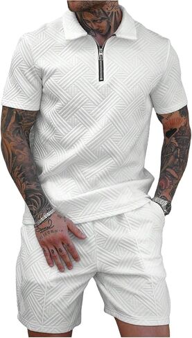 GORGLITTER Men's Casual Outfits Jacquard 1/4 Zip Short Sleeve Golf Shirt and Shorts Summer Tracksuits in Kuwait