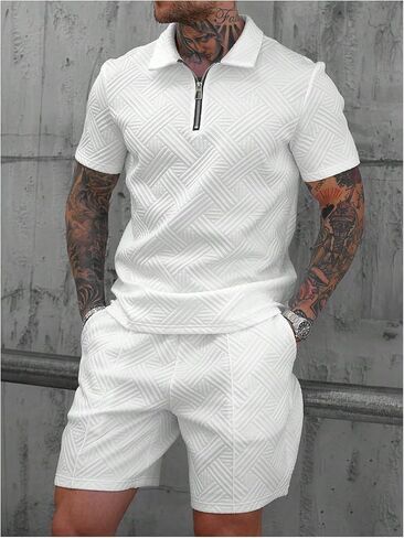 GORGLITTER Men's Casual Outfits Jacquard 1/4 Zip Short Sleeve Golf Shirt and Shorts Summer Tracksuits in Kuwait