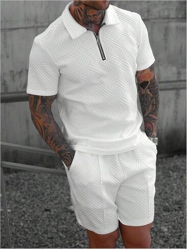 GORGLITTER Men's Casual Outfits Jacquard 1/4 Zip Short Sleeve Golf Shirt and Shorts Summer Tracksuits in Kuwait