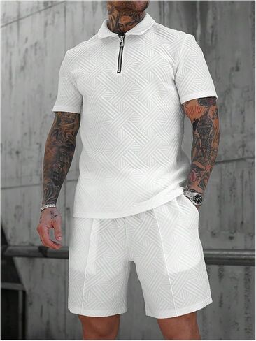 GORGLITTER Men's Casual Outfits Jacquard 1/4 Zip Short Sleeve Golf Shirt and Shorts Summer Tracksuits in Kuwait