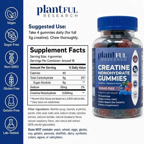 Creatine Monohydrate Gummies Sugar Free – 5g Creatine Per Serving – Blueberry Raspberry Flavor – Vegan, Non-GMO Creatine Supplement for Strength, Recovery & Workout Performance – 75 Gummies in Saudi Arabia