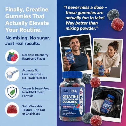 Creatine Monohydrate Gummies Sugar Free – 5g Creatine Per Serving – Blueberry Raspberry Flavor – Vegan, Non-GMO Creatine Supplement for Strength, Recovery & Workout Performance – 75 Gummies in Saudi Arabia