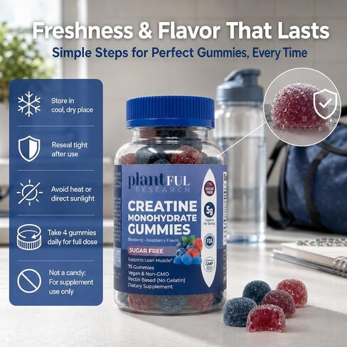 Creatine Monohydrate Gummies Sugar Free – 5g Creatine Per Serving – Blueberry Raspberry Flavor – Vegan, Non-GMO Creatine Supplement for Strength, Recovery & Workout Performance – 75 Gummies in Saudi Arabia