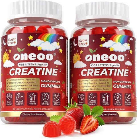 Creatine Monohydrate Gummies for Kids & Teens Ages 5+, with 1500mg-3000mg Creatine Monohydrate, with D3+K2 + Magnesium + B12, Supports Energy, Focus Bone & Brain Health, Sugar-Free, Strawberry 2 Pack in Saudi Arabia