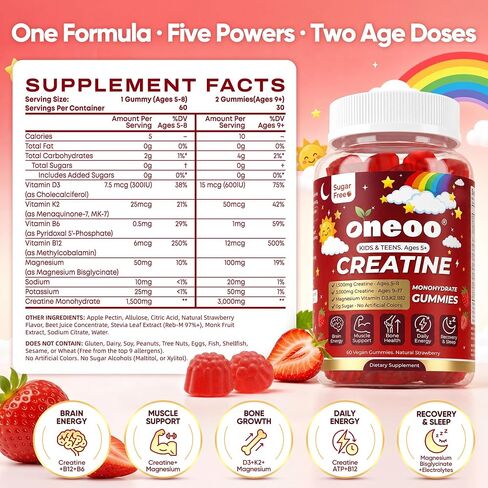 Creatine Monohydrate Gummies for Kids & Teens Ages 5+, with 1500mg-3000mg Creatine Monohydrate, with D3+K2 + Magnesium + B12, Supports Energy, Focus Bone & Brain Health, Sugar-Free, Strawberry 2 Pack in Saudi Arabia