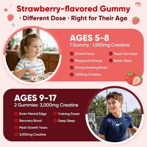Creatine Monohydrate Gummies for Kids & Teens Ages 5+, with 1500mg-3000mg Creatine Monohydrate, with D3+K2 + Magnesium + B12, Supports Energy, Focus Bone & Brain Health, Sugar-Free, Strawberry 2 Pack in Saudi Arabia