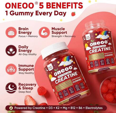 Creatine Monohydrate Gummies for Kids & Teens Ages 5+, with 1500mg-3000mg Creatine Monohydrate, with D3+K2 + Magnesium + B12, Supports Energy, Focus Bone & Brain Health, Sugar-Free, Strawberry 2 Pack in Saudi Arabia