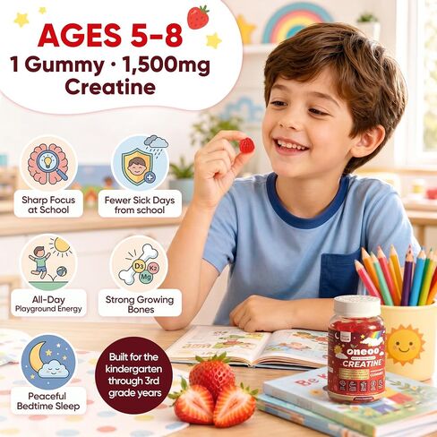 Creatine Monohydrate Gummies for Kids & Teens Ages 5+, with 1500mg-3000mg Creatine Monohydrate, with D3+K2 + Magnesium + B12, Supports Energy, Focus Bone & Brain Health, Sugar-Free, Strawberry 2 Pack in Saudi Arabia