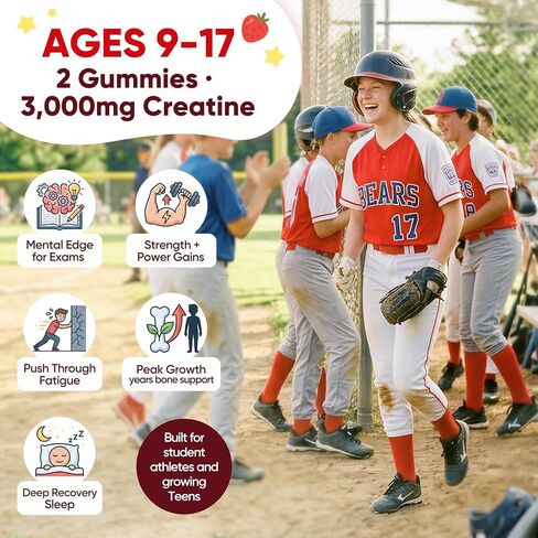 Creatine Monohydrate Gummies for Kids & Teens Ages 5+, with 1500mg-3000mg Creatine Monohydrate, with D3+K2 + Magnesium + B12, Supports Energy, Focus Bone & Brain Health, Sugar-Free, Strawberry 2 Pack in Saudi Arabia