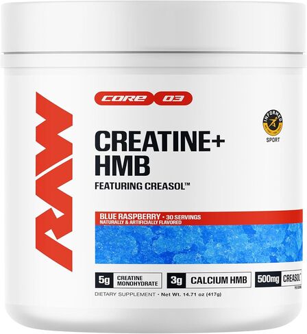 RAW Creatine Plus HMB، التوت الأزرق، مسحوق كرياتين HMB - مسحوق كرياتين مونوهيدرات مع 3 جرام HMB، توراين وبدون سكر مضاف، نمو كتلة العضلات، بناء القوة والطاقة المحسنة، 30 وجبة in Kuwait