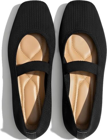Mary Jane Flats Squire Toe, Knit Ballet Flats with Elastic Strap for Everyday Wear, Lightweight and Breathable, Avaliable in Black, Red, Cream, Brown in Saudi Arabia
