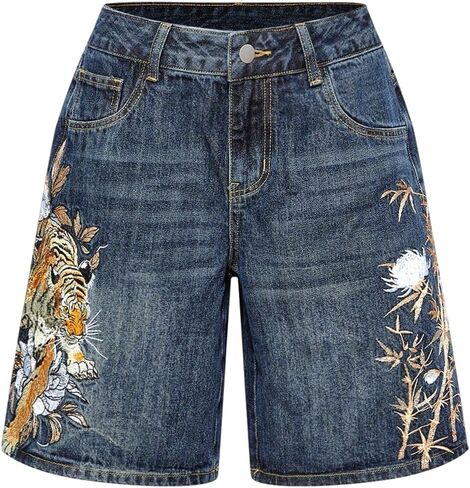 SOLY HUX Women's Vintage Graphic Denim Shorts Wide Leg Baggy Bermuda Jeans with Pocket in Kuwait